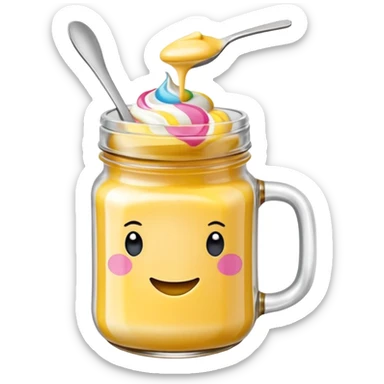 Una miniatura fotorrealista de una mantequilla corporal batida en un tarro de varios colores llamativos combinados de forma batida hasta arriba. Estilo: postre, arte, colores vibrantes. sticker