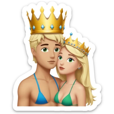Blonde Queen Green eyes with crown in Bikini kissing Male subject dark Hair blue eyes sticker