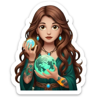forest mystic woman long wavy brown hair tattoos holding glowing moon orb sticker