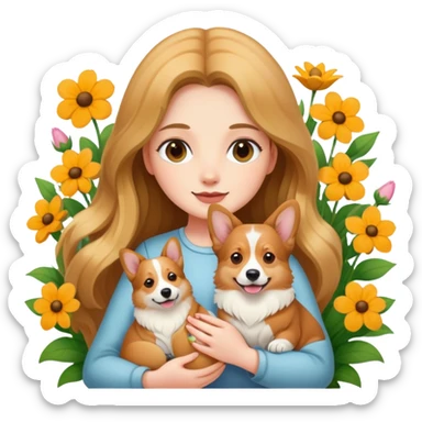 A long-haired girl holding a corgi in the flowers sticker