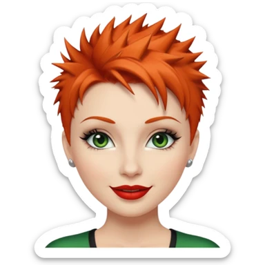 Short spikey Ginger hair, green eyes, black long eye lashes large red lips White woman happy sticker