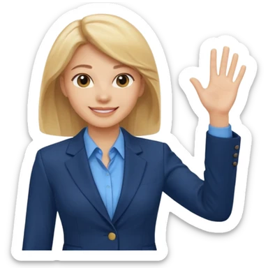 Make emoji of business woman with light skin and medium blonde hair in a dark blue business suit and light blue shirt waiving to new clients sticker