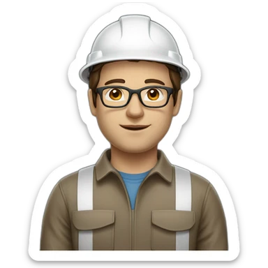 Engineer, white hard hat, pale skin tone, dark brown Hair, glasses, square jawline sticker