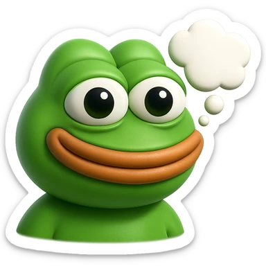 make a pepe in bright green smiling and looking straight at the camera with thought bubble looking at right right in 3d style, good highlights and shadows, drop shadows sticker