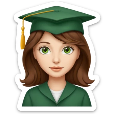 beautiful  woman with wavy brown hair and green eyes with school hat sticker
