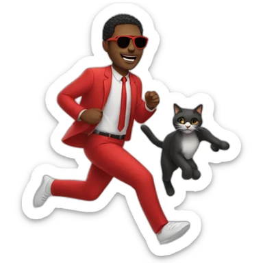 black man holding cat and running at the speed of light with red sunglasses on and a red suit sticker