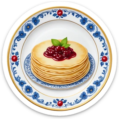 scandinavian round crepes with jam on white porcelain plate with blue floral vintage design sticker
