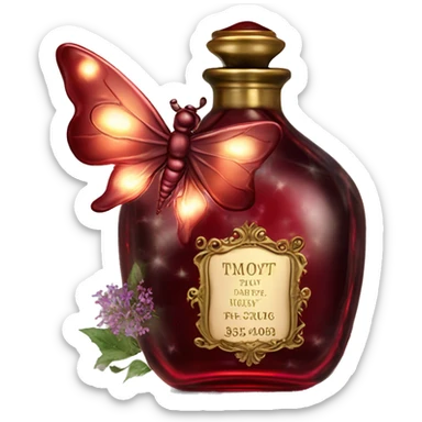 Dark red magic fairy light sparkling old Antique oil perfume bottle with herbal and flowers sticker
