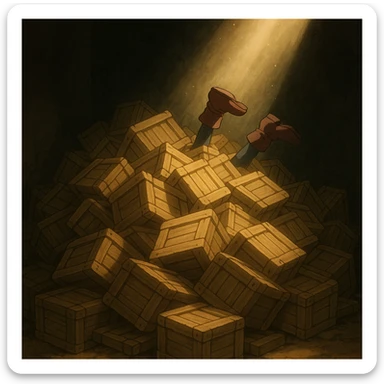 A pile of small oblong crates hidden in a dark area with a beam of light shining from above, with someone’s boots sticking out like they dove in sticker