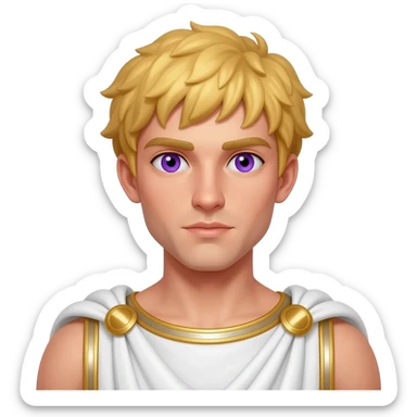 Adonis from Greek Mythology with purple eyes, golden blonde hair, white and gold metallic toga sticker
