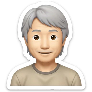 ​Cinematic Realistic Portrait of a Smiling Shigeru Miyamoto, depicted with warm, approachable features, gentle grey-tinted hair, and kind, expressive eyes, set against a subtle backdrop hinting at iconic video game imagery, rendered with lifelike textures and soft, inviting lighting that captures his innovative spirit, sticker