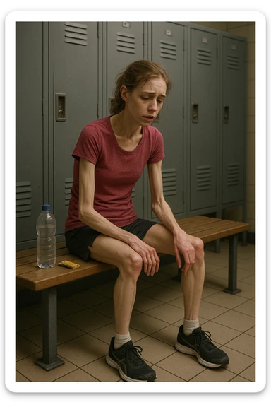 3D rendered scene: a woman in her 20s wearing running clothes sits on a bench in a locker room, looking exhausted and weak. Her face shows signs of fatigue, and her limbs appear thin and lacking muscle tone. A water bottle and a small, half-eaten snack are beside her, hinting at insufficient nutrition. The environment is realistic, with a focus on her physical and emotional state. sticker