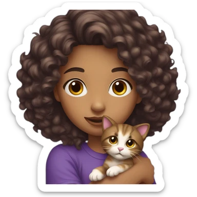 young-women,dark-curly-long-brown-hair,using-purple-tshirt,holding-a-kitty sticker