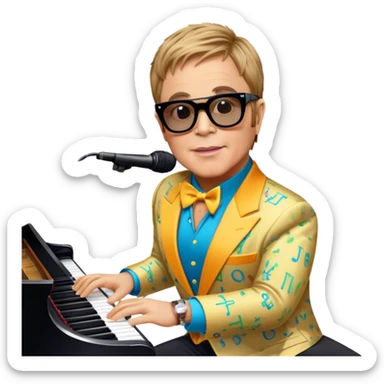 Pop music icon: Elton John at the piano in signature glasses and colorful outfit, George Michael holding a microphone in stylish attire. Stage lights and musical notes in the background. Transparent background. sticker