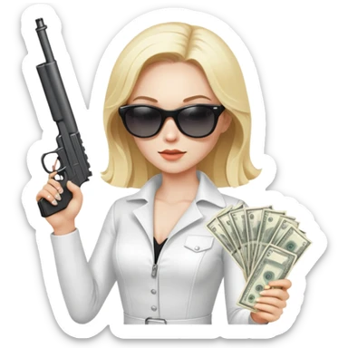 Mafia blondes woman in sunglasses, gun ,money , white costume  sticker