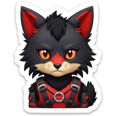 black edgy emo furry Litten-fursona-Fakémon with a red chest harness  sticker