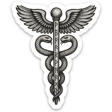 A caduceus intertwined with Viking runes, combining medical and Norse themes sticker