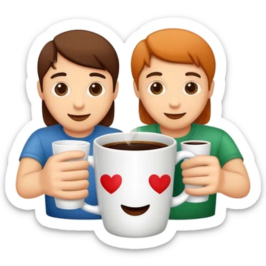 friends drinking coffee in a mug with the logo “v.love” sticker
