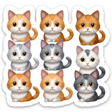 6 realistic looking cats with different natural coloured coats, assorted grey and white, greys, calico, brown and white colours etc
 sticker