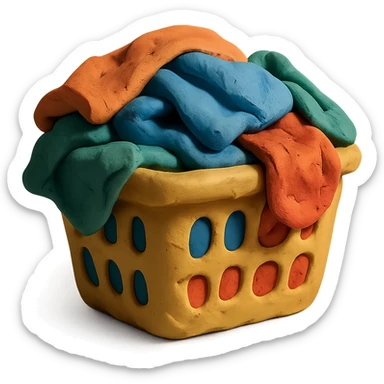laundry basket filled with colorful clothes, visible fingerprints, soft lighting, claymation style sticker