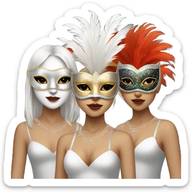 
three white-skinned girls festively dressed up in a full-length feathered masquerade mask sticker