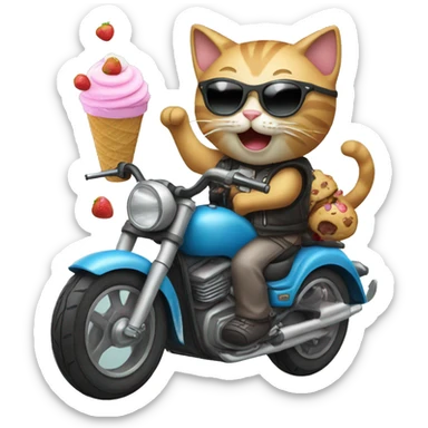 Cat riding motorcycle with sunglasses and icecream sticker