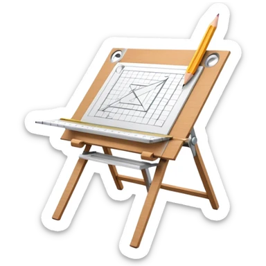 Sleek icon for Architecture: engineer's drawing board with 3D model of the building,  pencil, architect's easel, rulers and protractor. Transparent background. sticker