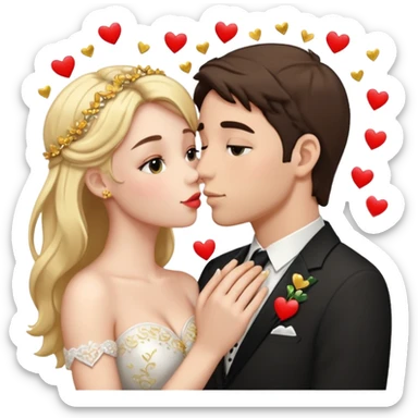 Девушка целуется с мужчиной. Они в свадебных нарядах. На фоне сердечки и кольца  sticker