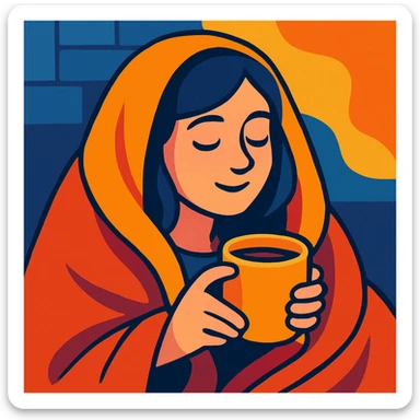 girl inside a blanket sipping coffee, eyes closed, style 8 sticker