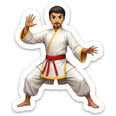 Cinematic Realistic Kung Fu Action Emoji, depicted as an epic martial arts scene with a master executing a precise move in traditional attire, rendered with fluid motion and vibrant textures under dramatic high-contrast lighting. sticker