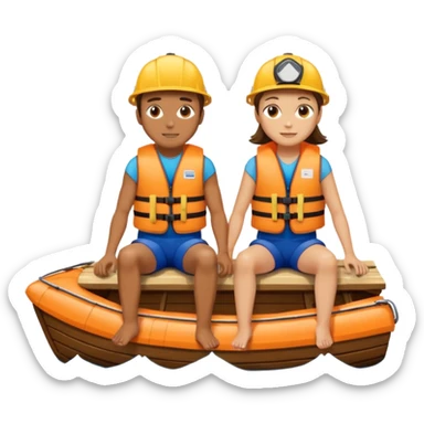 a boat upside down, with 2 people sitting on top trying to stay afloat. sticker