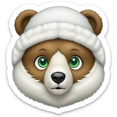 Adorable bear head with big green eyes and soft expression, wearing white fluffy ushanka with detailed Russian emblem in center, iOS emoji style sticker