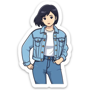 A girl with dark hair and a white shirt with a denim jacket and denim jeans sticker