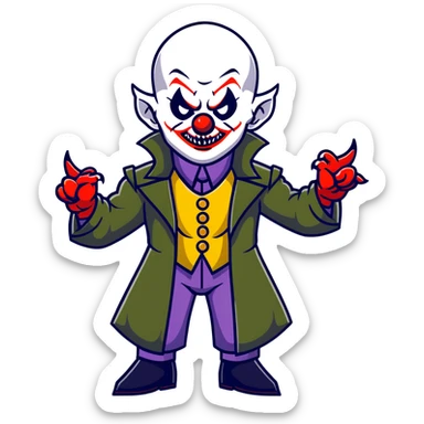 evil clown warrior, bald, small black satan-like horns on forehead, fangs, pointed ears, eye patch over one eye, long coat over black and military green leisure suit with bellbottom pants, realistically proportioned, less bulky, full body, battle-ready fighting posture sticker