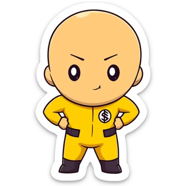 Saitama with blank face from One Punch Man, plain expression, bald head, simple round eyes, yellow hero suit, comical anime look sticker