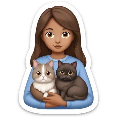 chinita girl with brown hair holding three pets: brown holland lop rabbit, gray persian cat, black kitten sticker