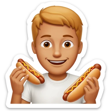 A man eating a chili-covered hot dog with delighted eyes.






















 sticker