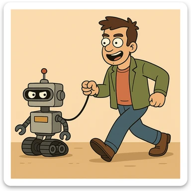 Make the robot look more competent and confident, while keeping the human character the same. Maintain the original style and background as in the reference image. sticker