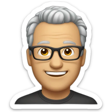an man with grey hair and a receding hairline, and a tuft of hair on the top. He is wearing glasses, the glasses frames are black and he is smiling sticker