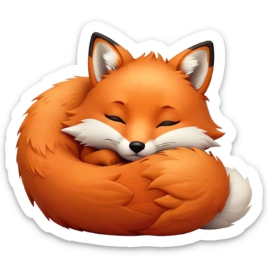 Cinematic cute sleepy fox, curled into a cozy fluffy ball, warm glowing fur, tiny black nose resting on its tail, soft breathing visible, peaceful and charming. sticker