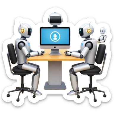 the AI-Enabled Workplace, coworking space with robots, humans, and digital interfaces sticker