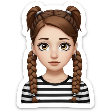 a white girl with brown hair in very low pigtails black eyeliner big false eyelashes with a septum piercing nose piercing big hoop earings dermals close to the eyes one on each side wearing a black and white striped long sleeve shirt sticker