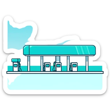 Gas station building with canopy and pump, minimalist design with soft gradients in sky blue, teal green, white, and light gray sticker