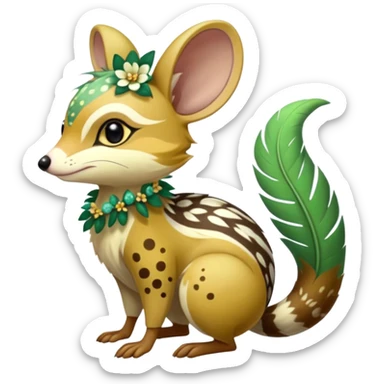 Tropical Exotic Colorful Beige-yellow, Jade-green, brown back-mane, white specks, Floral Feathery Numbat-Bilby-Quoll-Furret-Fakémon-furry-fursona-creature (full body) with tribal markings sticker
