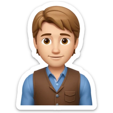 3D Apple-style emoji of Flynn Rider: fair skin, light brown hair, raised eyebrow, charming smile, playful confident look. sticker