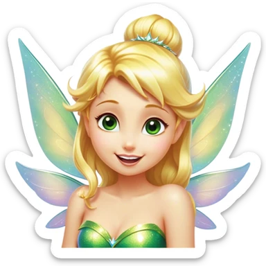 Cinematic Realistic Blonde Tinker Bell Fairy Portrait, head tilted dramatically with an exaggeratedly amused expression, featuring a striking, lively pixie form with radiant golden blonde hair and luminous, iridescent wings dusted with playful sparkles. Her expressive eyes brim with cheeky mischief, rendered with vibrant, lifelike textures and dynamic natural lighting that imbues the scene with an air of magical whimsy and over‐the‐top fairy fun. sticker