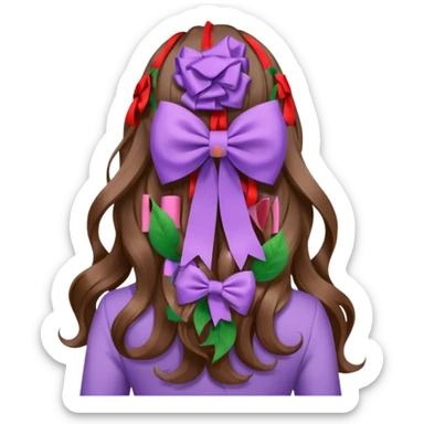 long wavy brown hair from behind with a medium lilac bow sticker