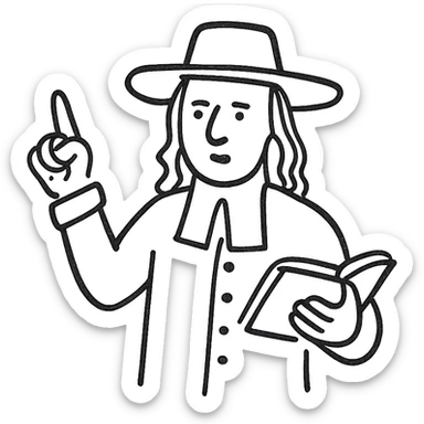 white line drawing of a 17th Century preacher, simple and clear lines, historical attire, no fill sticker