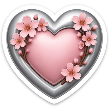 Increase the amount and prominence of silver details and accents on the heart with sakura flowers in the style of apple emojis. Keep the style consistent with apple emoji style and ensure no background (transparent). sticker