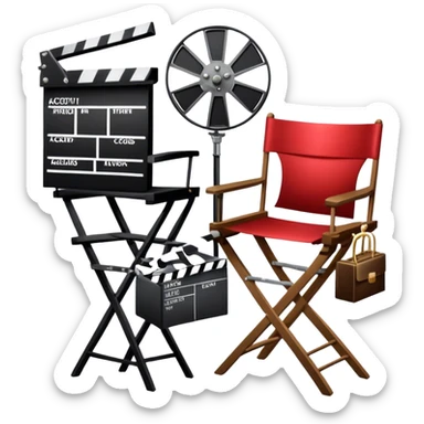 Icon for Acting: a theatrical mask, stage lights, a director’s chair, a script, a movie camera and a clapperboard, representing the craft of acting in theater and film. Famous actor-star. The design should reflect creativity, performance, and storytelling. Transparent background. sticker